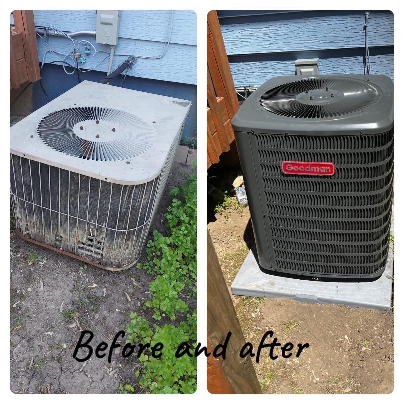 Before-and-after of a cleaned outdoor air conditioner unit beside a house.