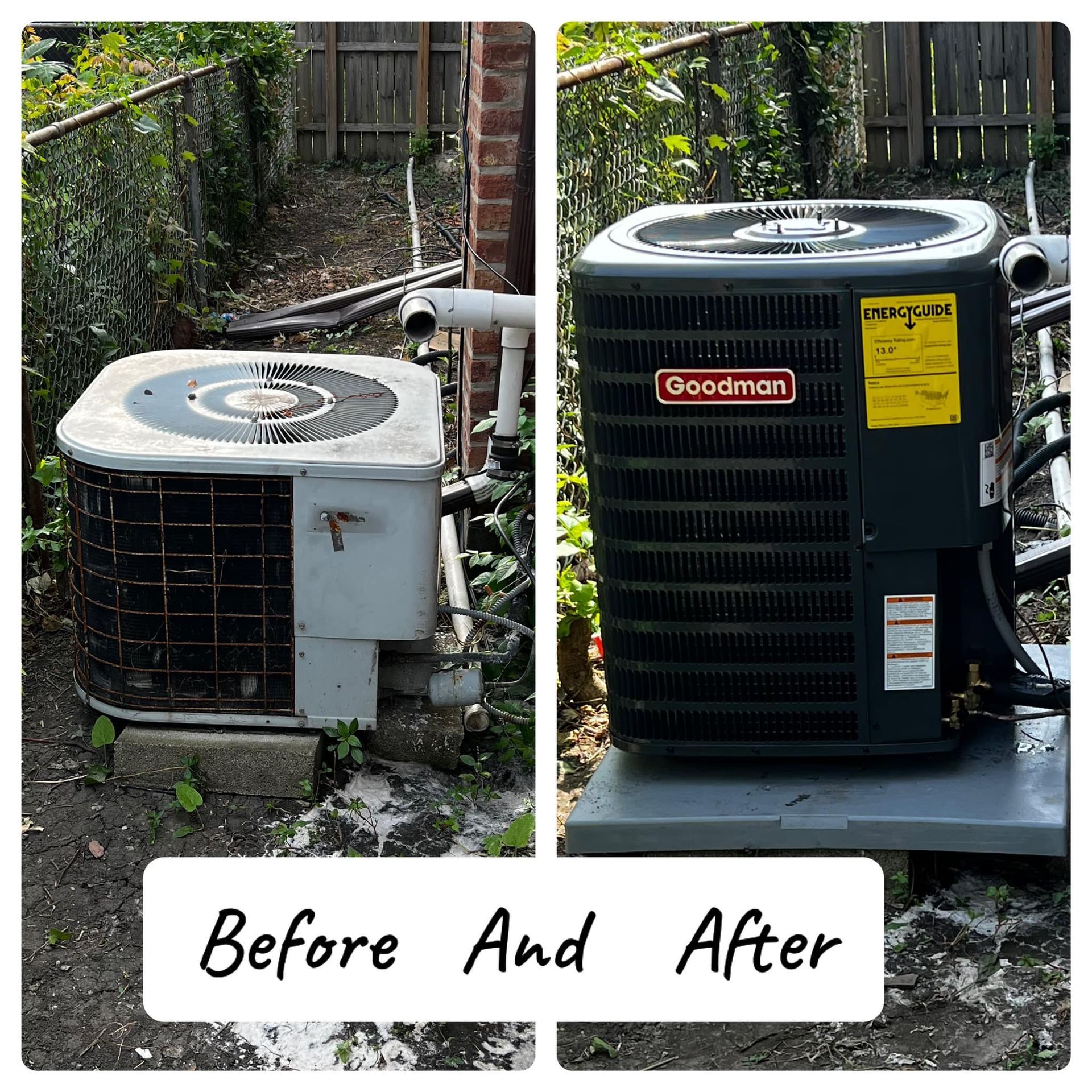 Before and after of a cleaned outdoor Goodman air conditioner unit.