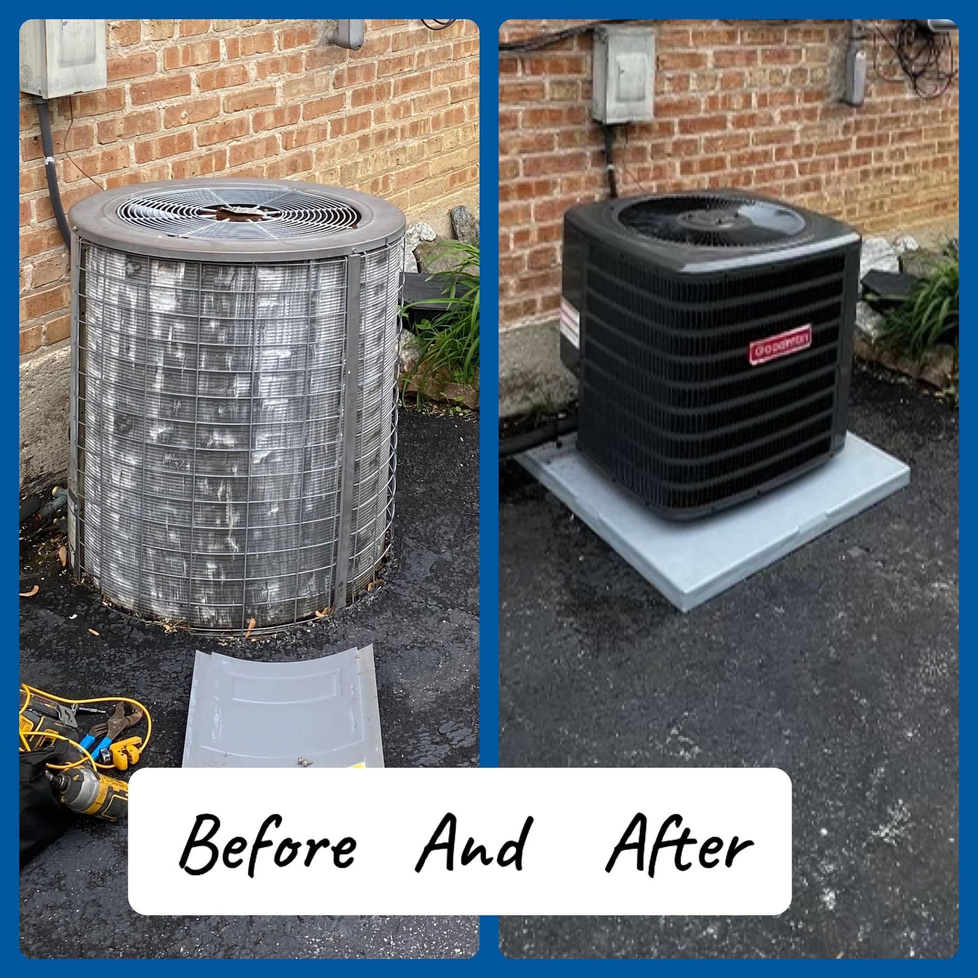 Before and after of an outdoor air conditioner: rusty silver unit replaced with a black one on a concrete pad.