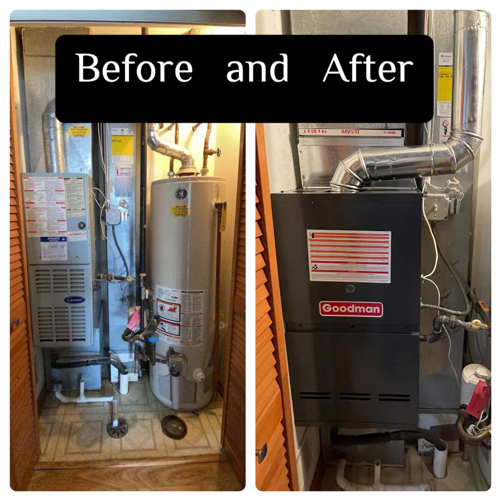 Before-and-after of a water heater area: old tank on left, new Goodman furnace on right.