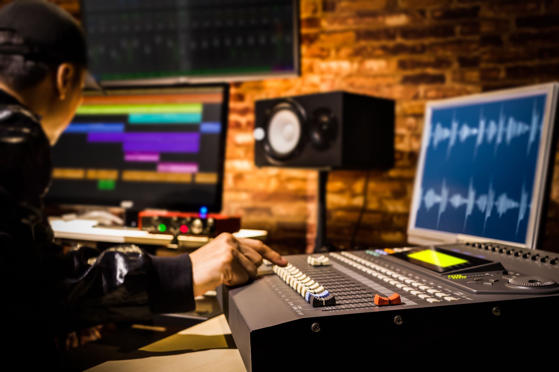 Audio engineer mixing sound in a studio with colorful waveform monitors and control console