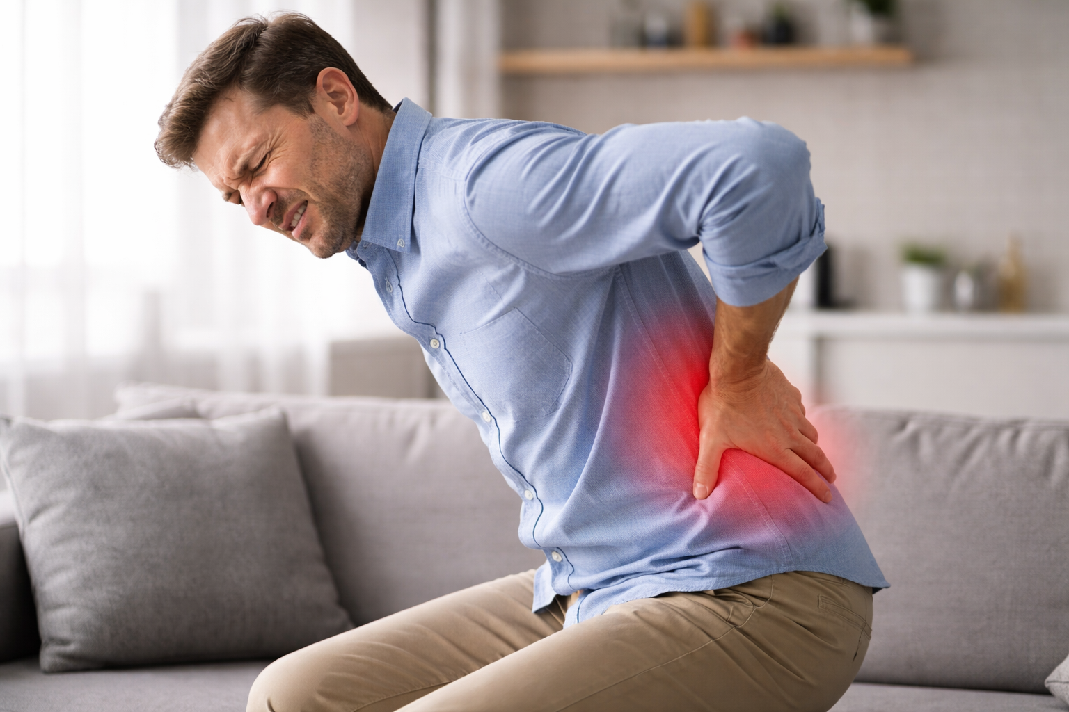 Man sitting on a couch, holding his lower back with a red pain highlight