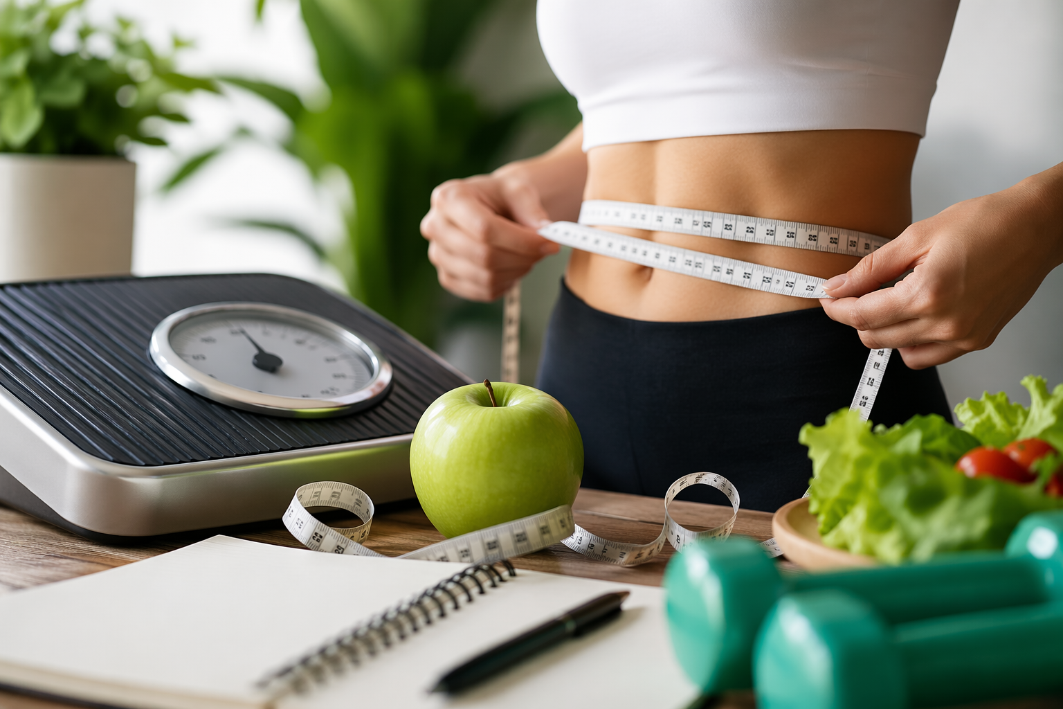Person measuring waist with tape beside scale, green apple, and salad on a table