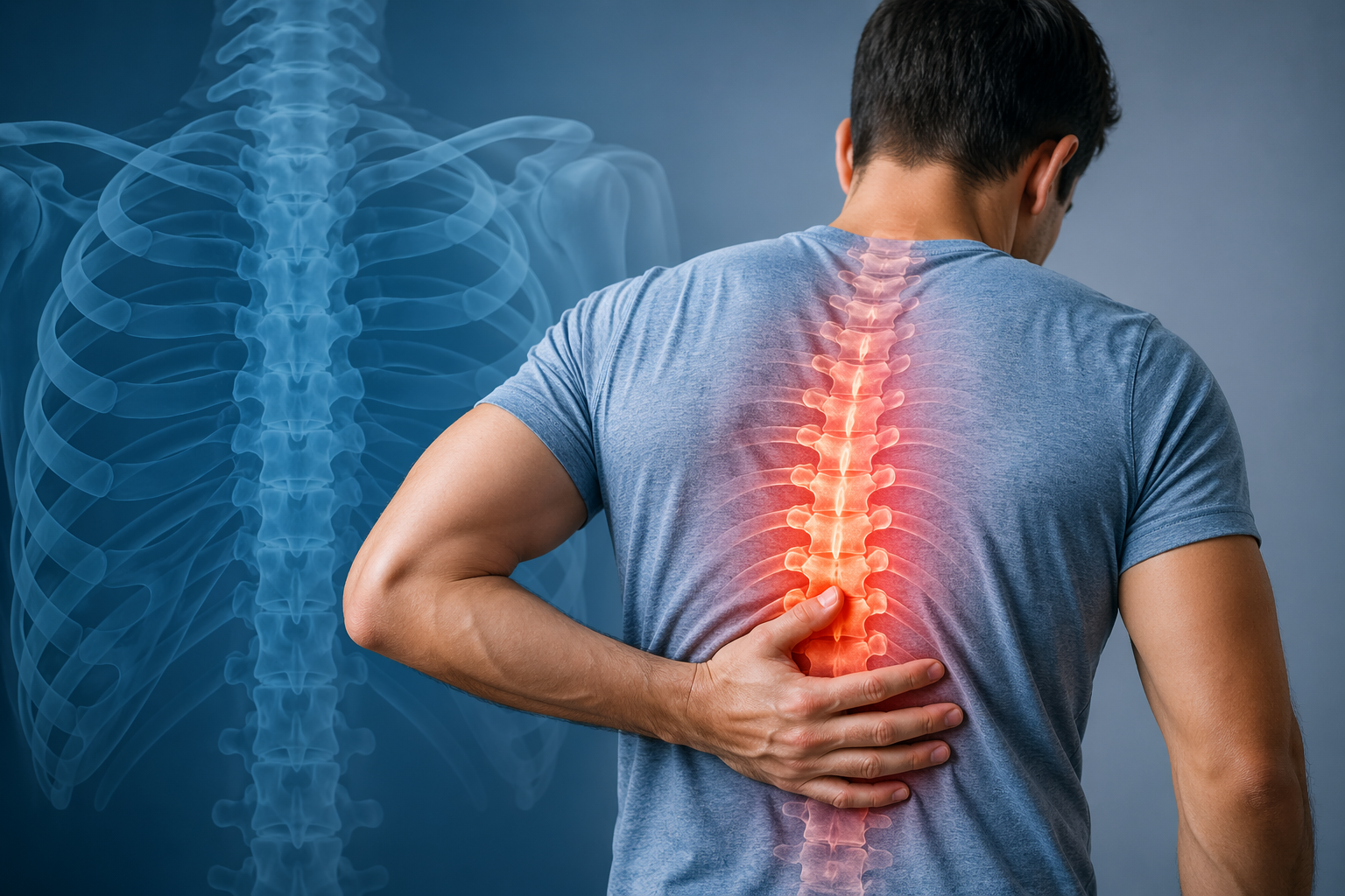 Man clutching lower back with glowing red spine pain overlay on blue background