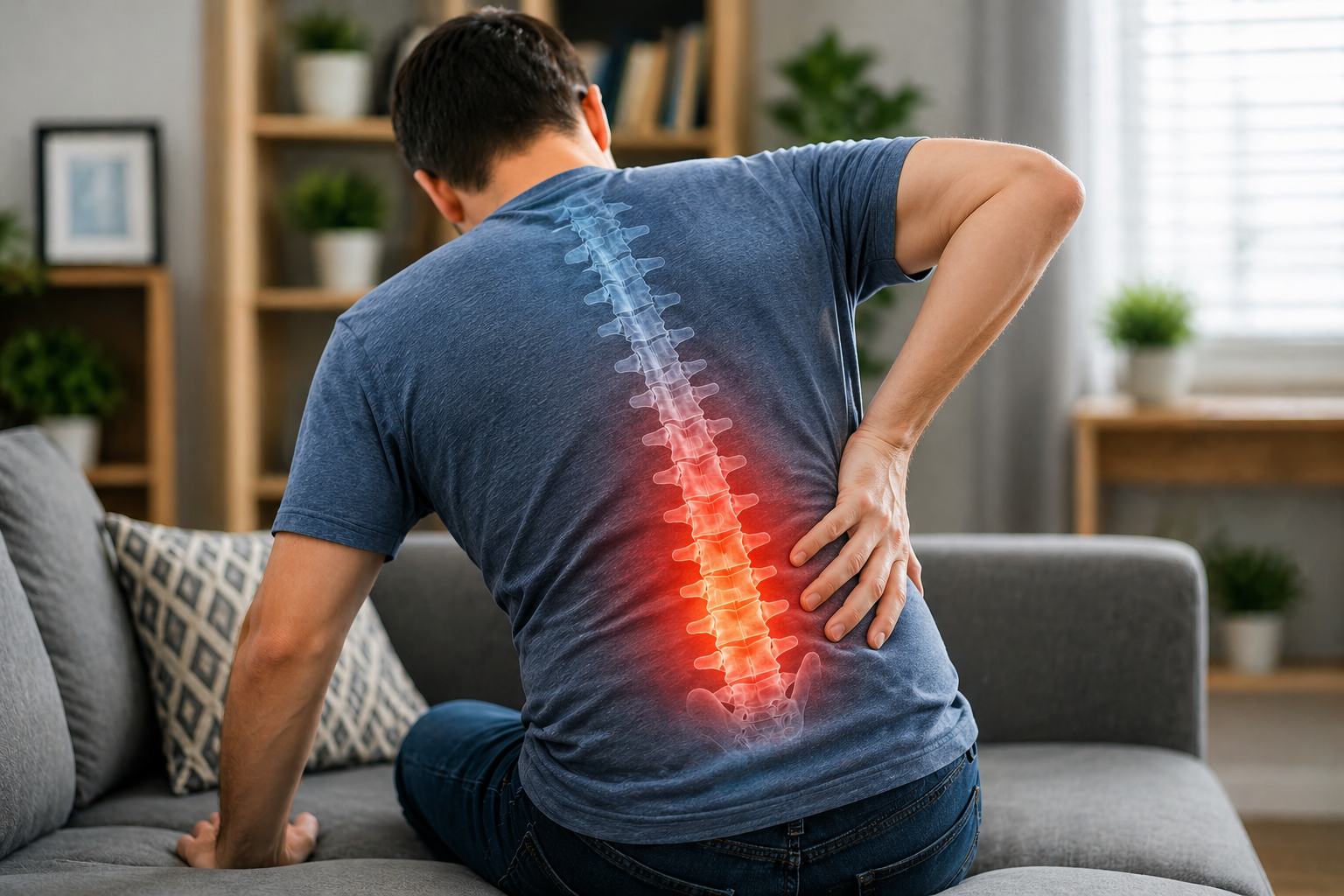 Man sitting on a couch holding his lower back, with a red glow indicating back pain.