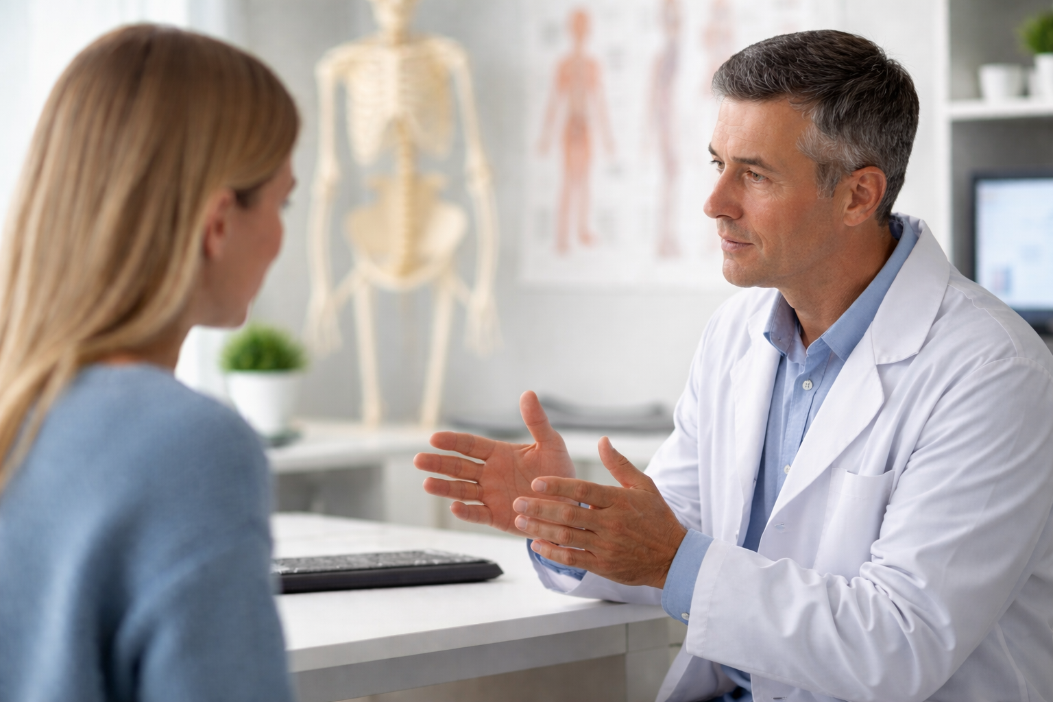 Doctor speaking with patient in a bright clinic office, gesturing across a desk.
