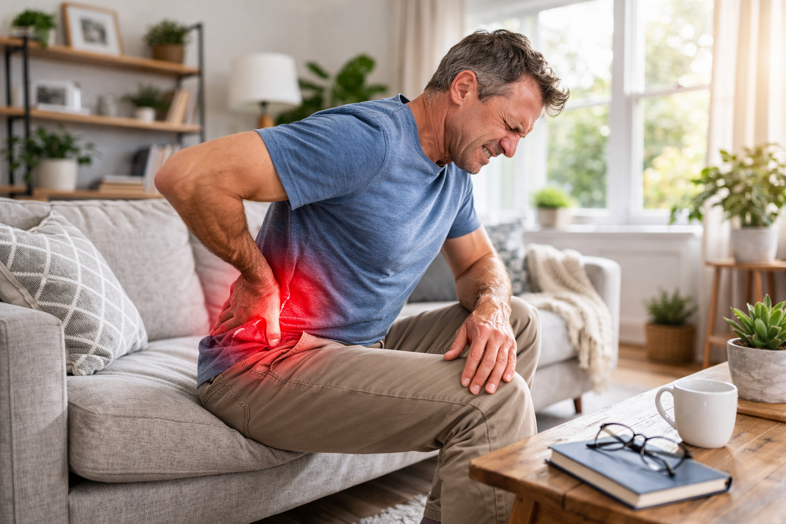 Man clutching his lower back on a sofa in a bright living room, red pain highlight visible