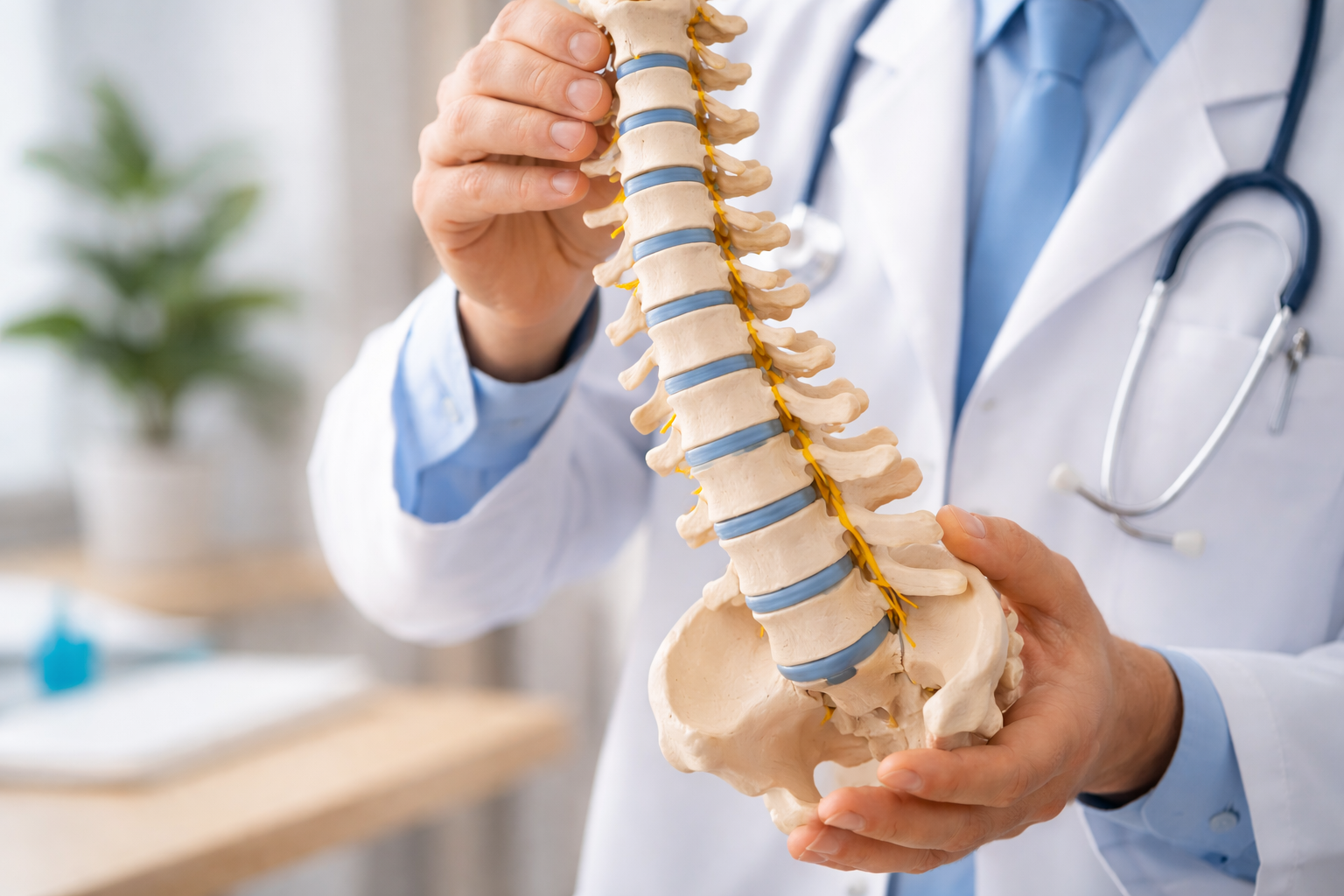 Doctor holding a model of a human spine and pelvis in a medical office