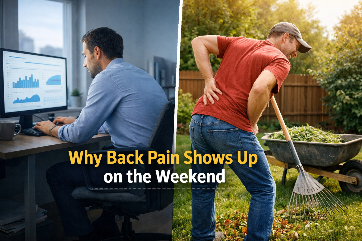 Split image: man at desk studying back pain chart; man in red shirt holding lower back beside wheelbarrow.