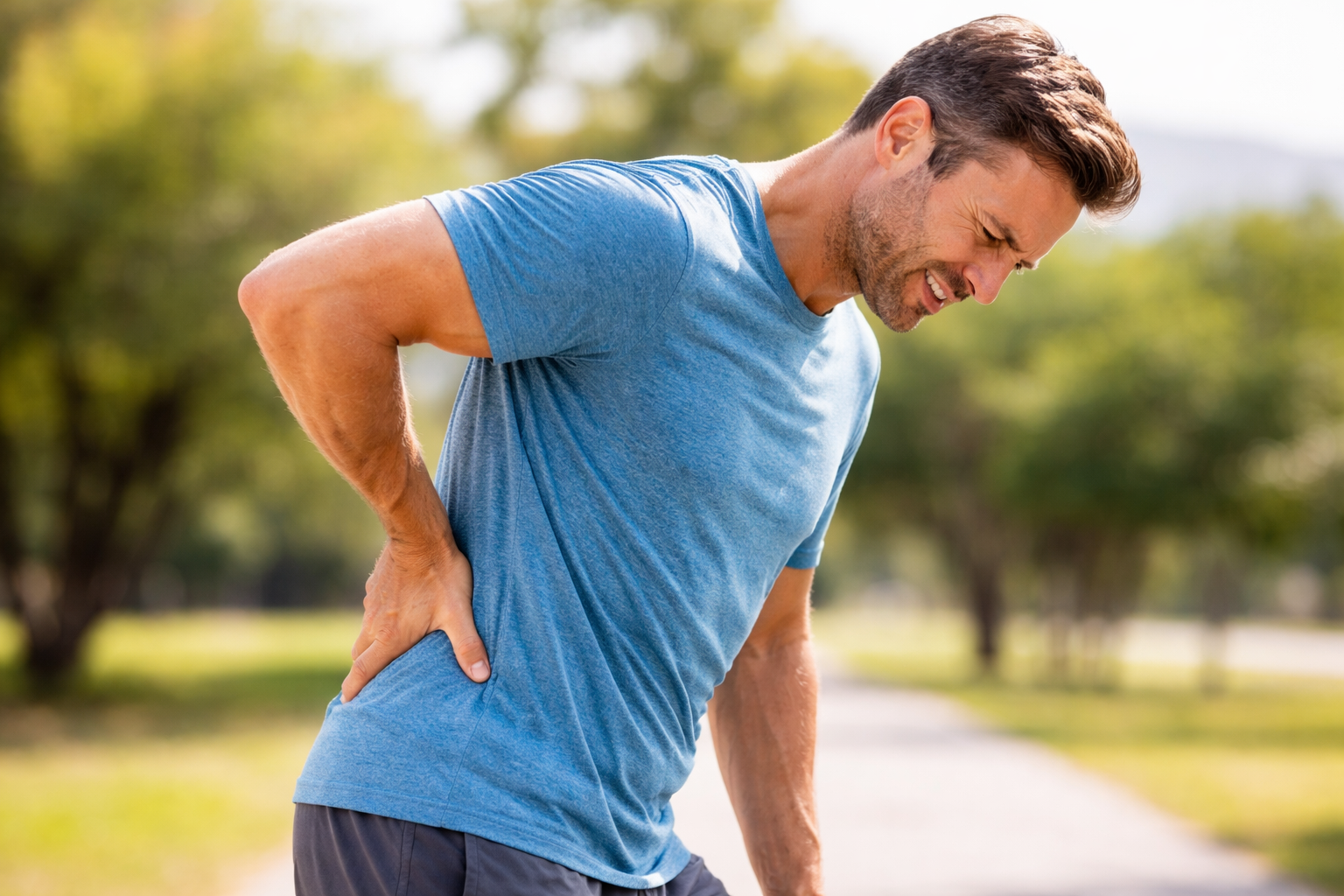 Man in a blue shirt holding his lower back outdoors, appearing to be in pain.