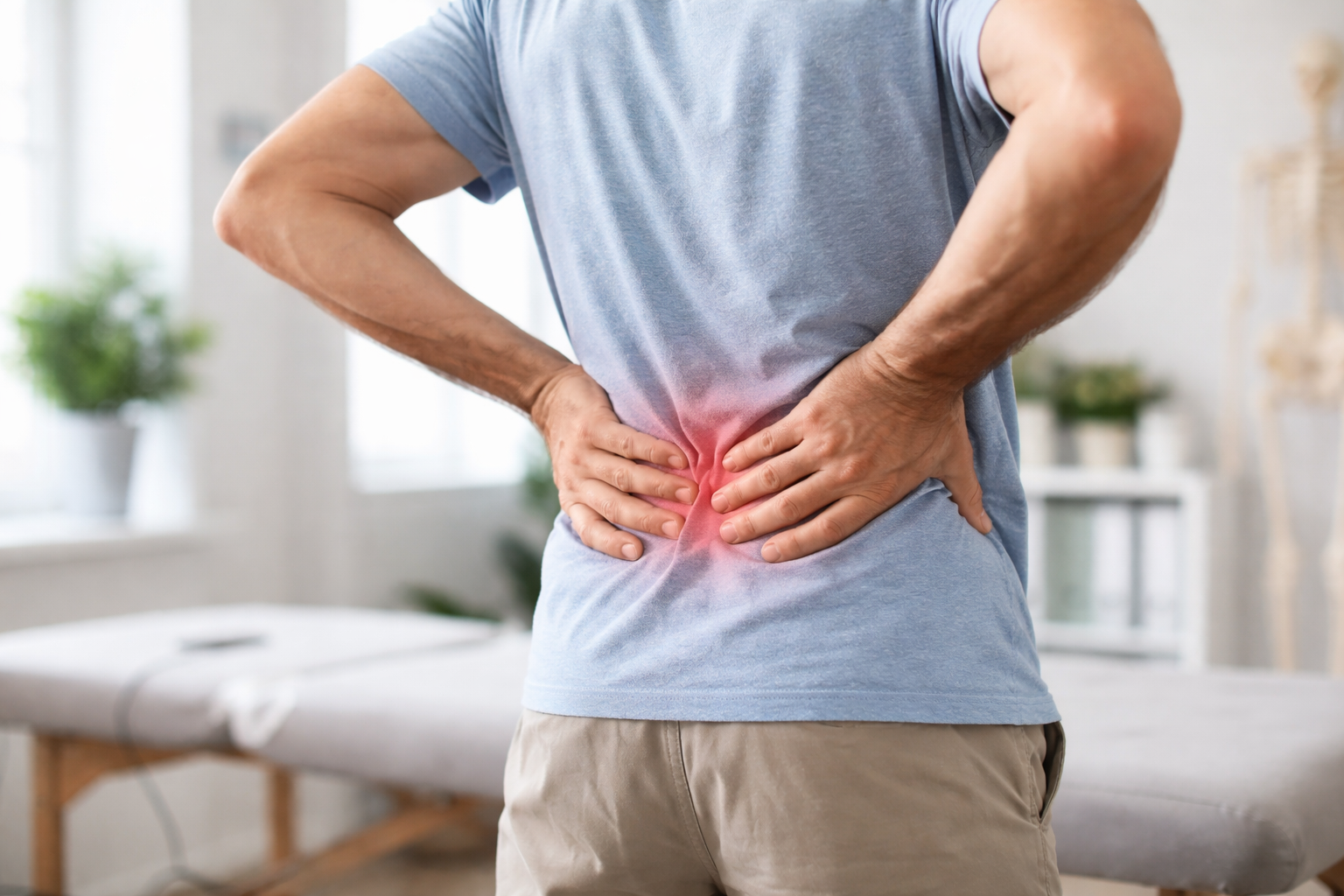 Person holding lower back in pain, standing in a bright room with a massage table nearby