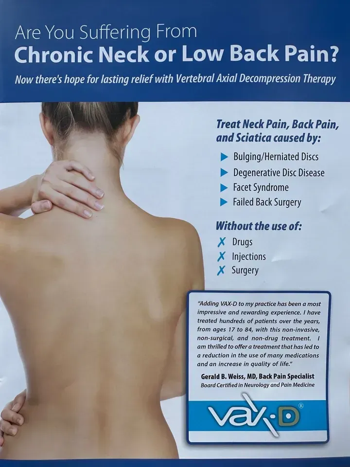 Poster about chronic neck and low back pain with a person rubbing their back and a Vax-D treatment ad.