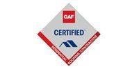 A diamond-shaped GAF Certified Residential Roofing Contractor logo with red and blue text on a light gray background.
