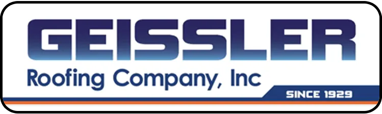 The Geissler Roofing Company, Inc. logo in blue, featuring the text "SINCE 1929" on a stylized blue and orange bar.