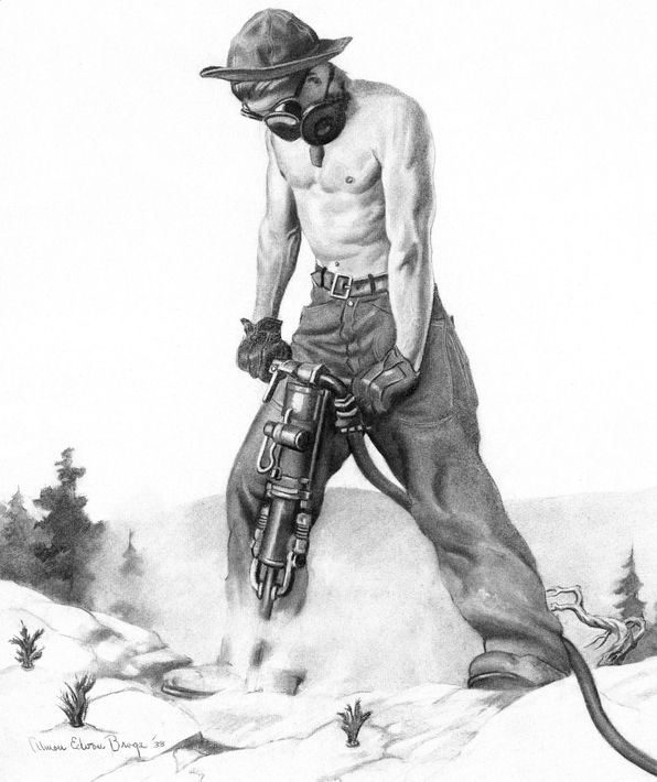 Black-and-white drawing of a miner standing on a snowy hillside holding a tool.