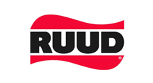 RUUD logo in black text over a red, curved background.
