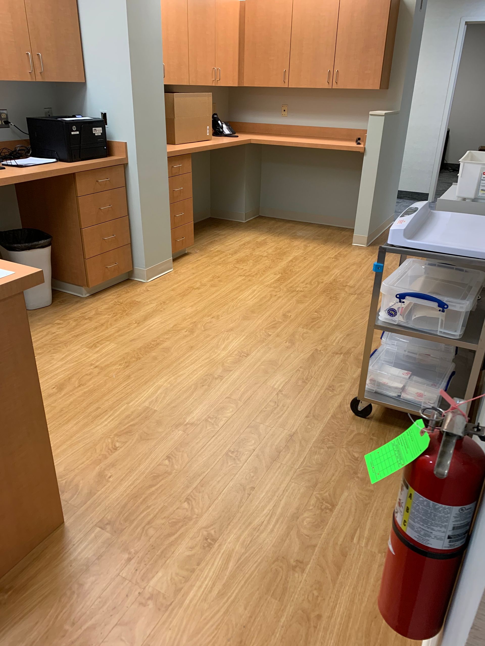 There is a fire extinguisher in the middle of the room