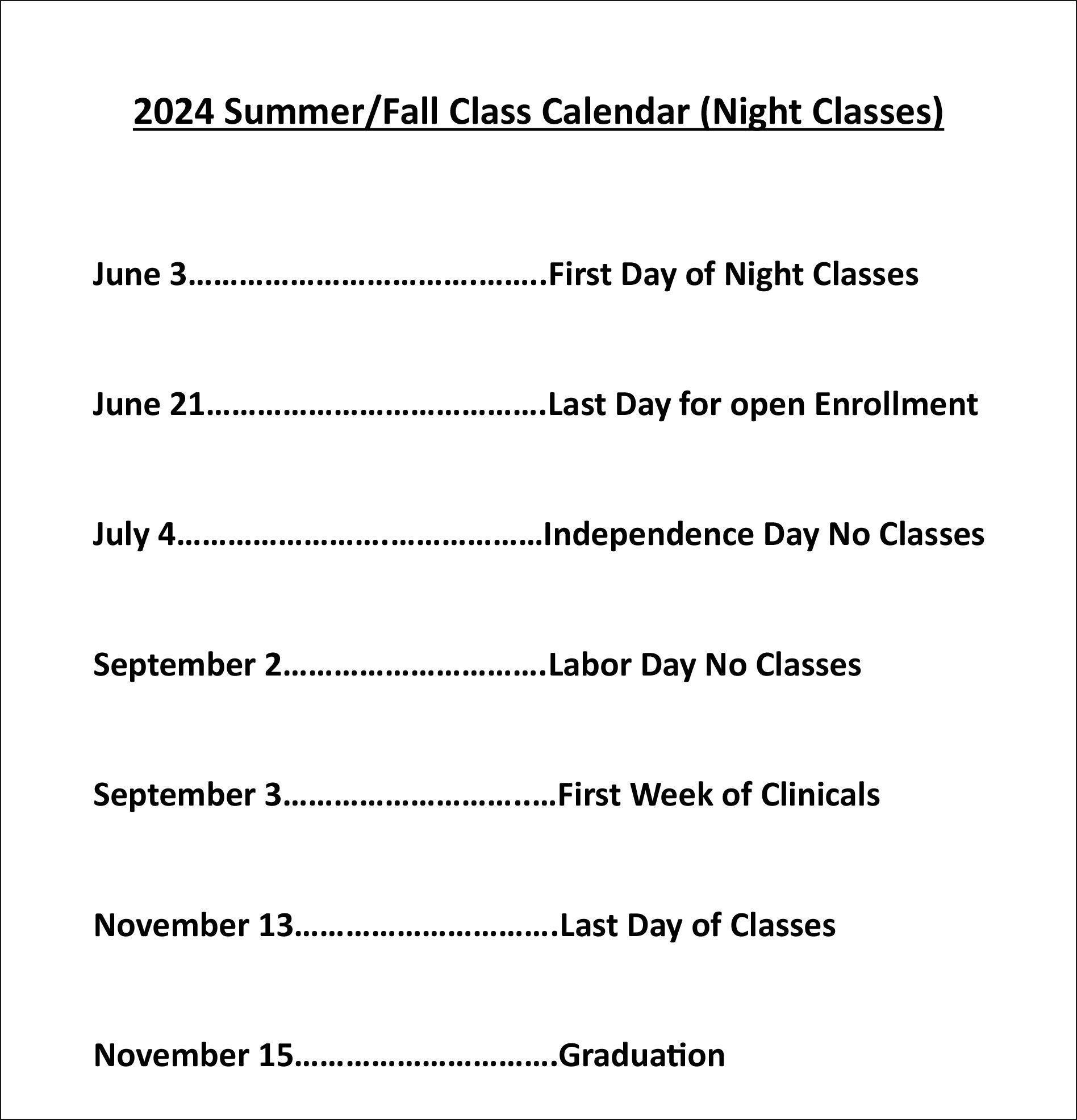 Essentials School of Massage 2024 Summer/Fall Night Classes Calendar