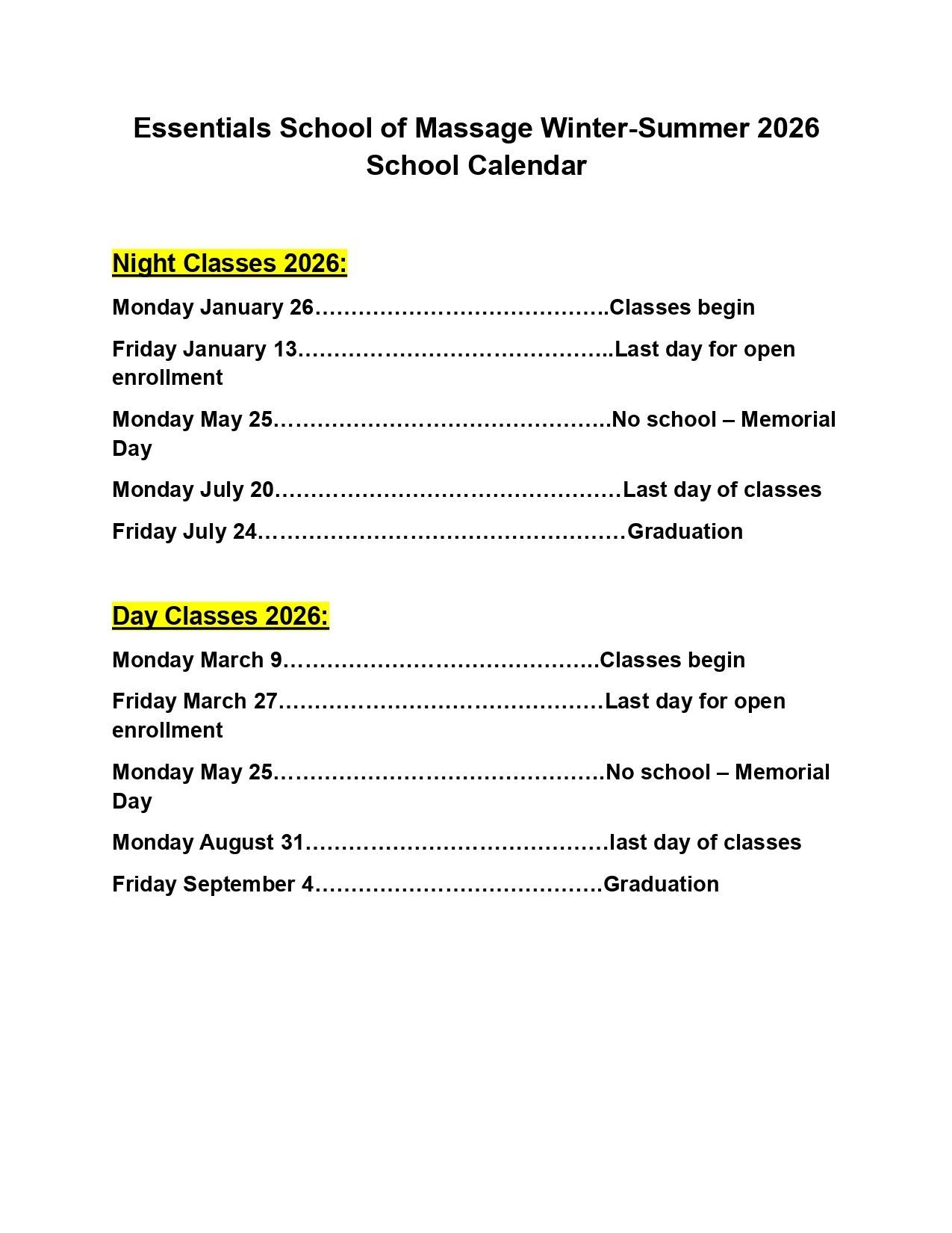 Essentials School of Massage Winter-Summer 2026, School Calendar