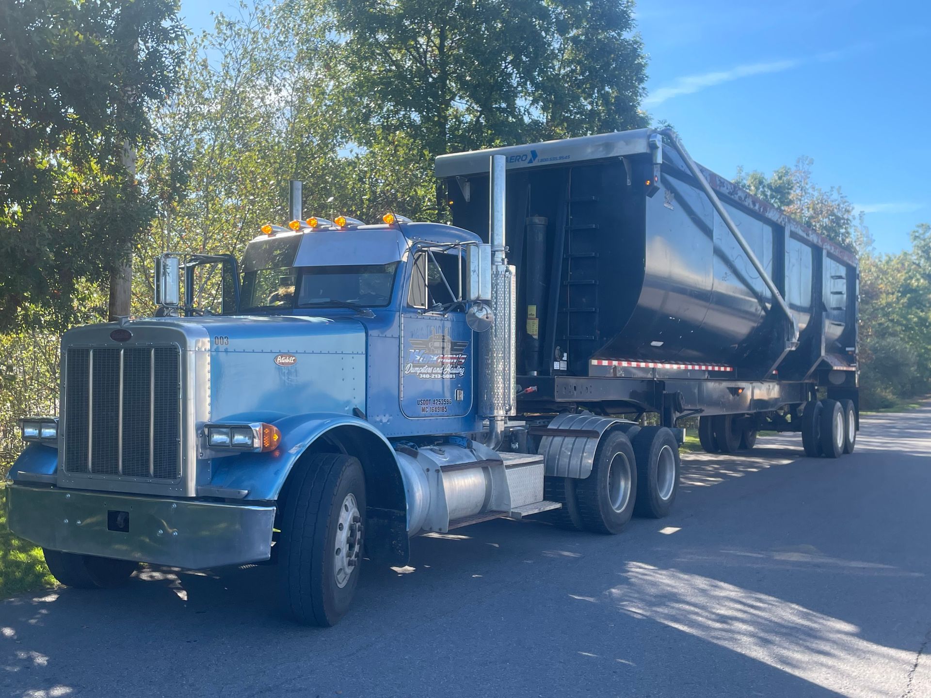 Blue semi-truck with a black trailer parked on a paved road.