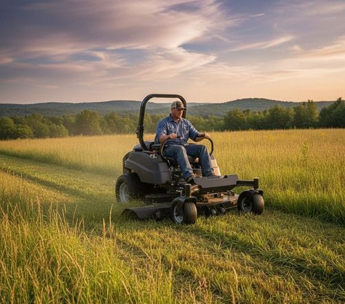 Person riding a lawn mower through a grassy field at sunset