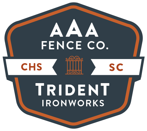 The logo for aaa fence co. chs sc trident ironworks