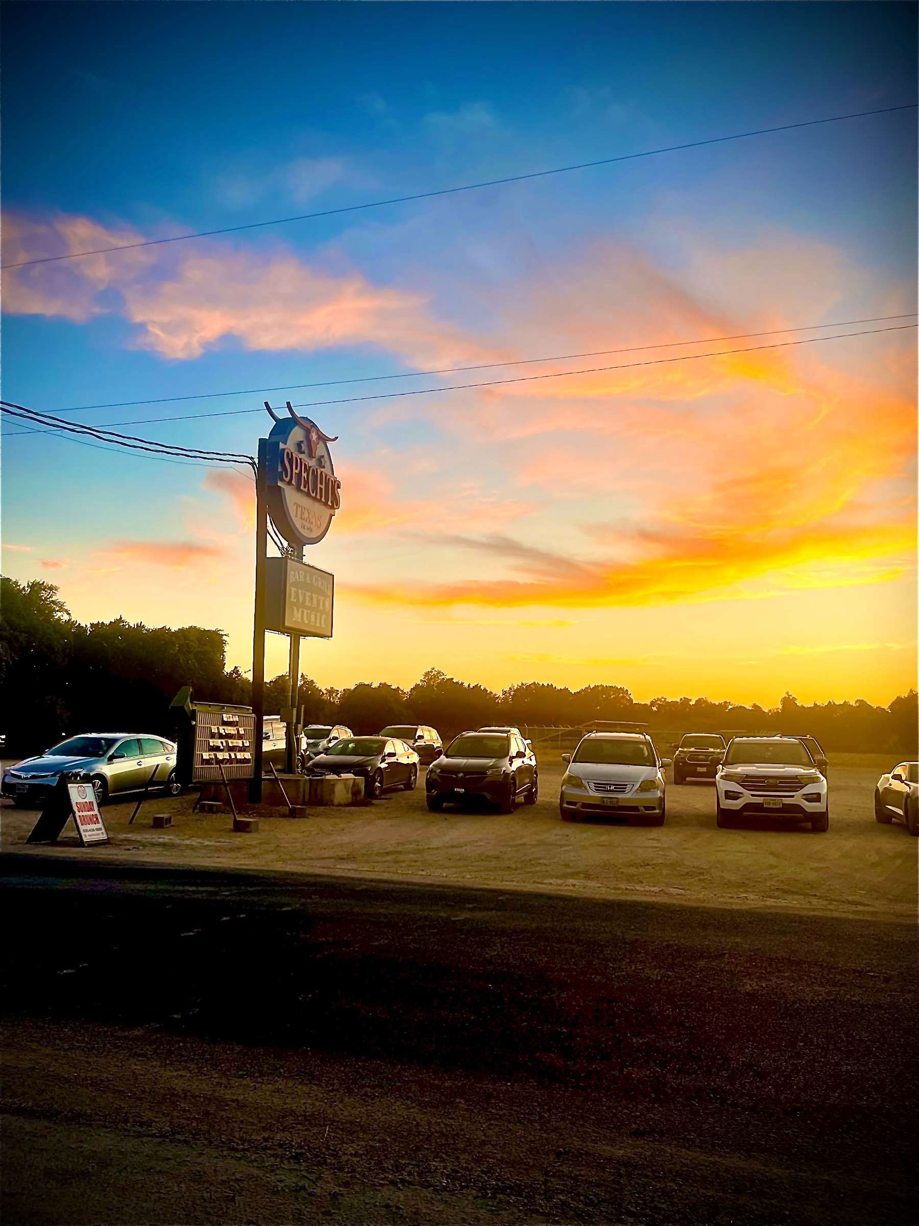 A row of cars are parked in a parking lot at sunset.