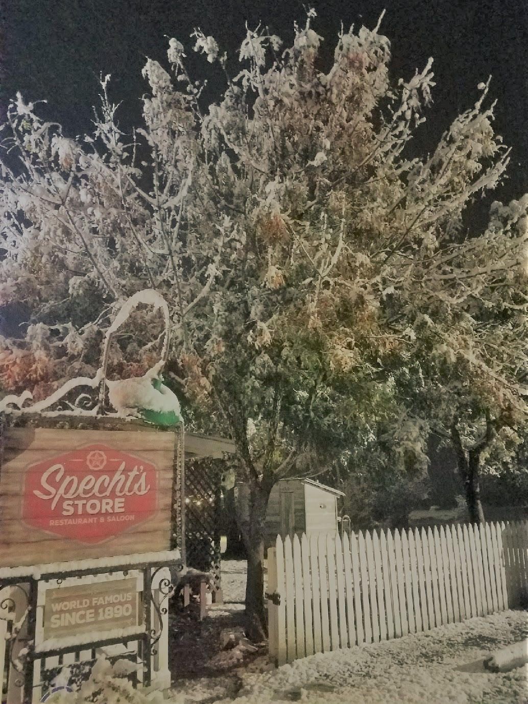 A sign for Specht's store restaurant and saloon.