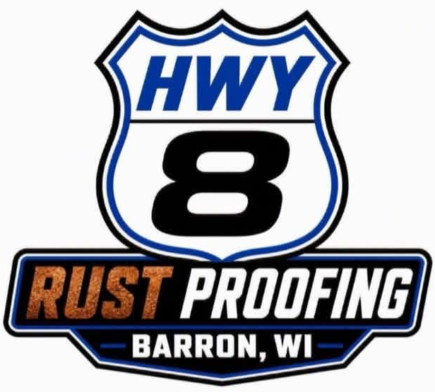HWY 8 Rust Proofing logo with Barron, WI on a highway shield emblem