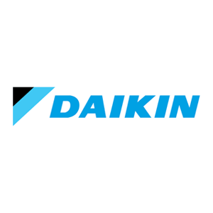 Daikin logo in blue with a black and cyan triangular mark on white background