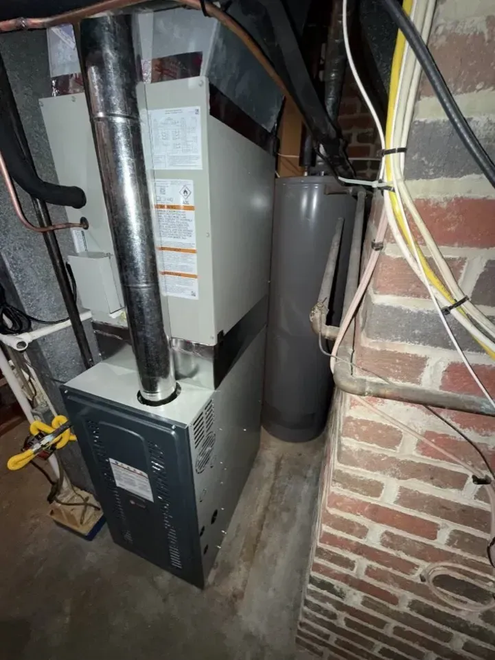 Basement furnace beside brick wall, with exposed ducts, pipes, and a gray water softener tank.