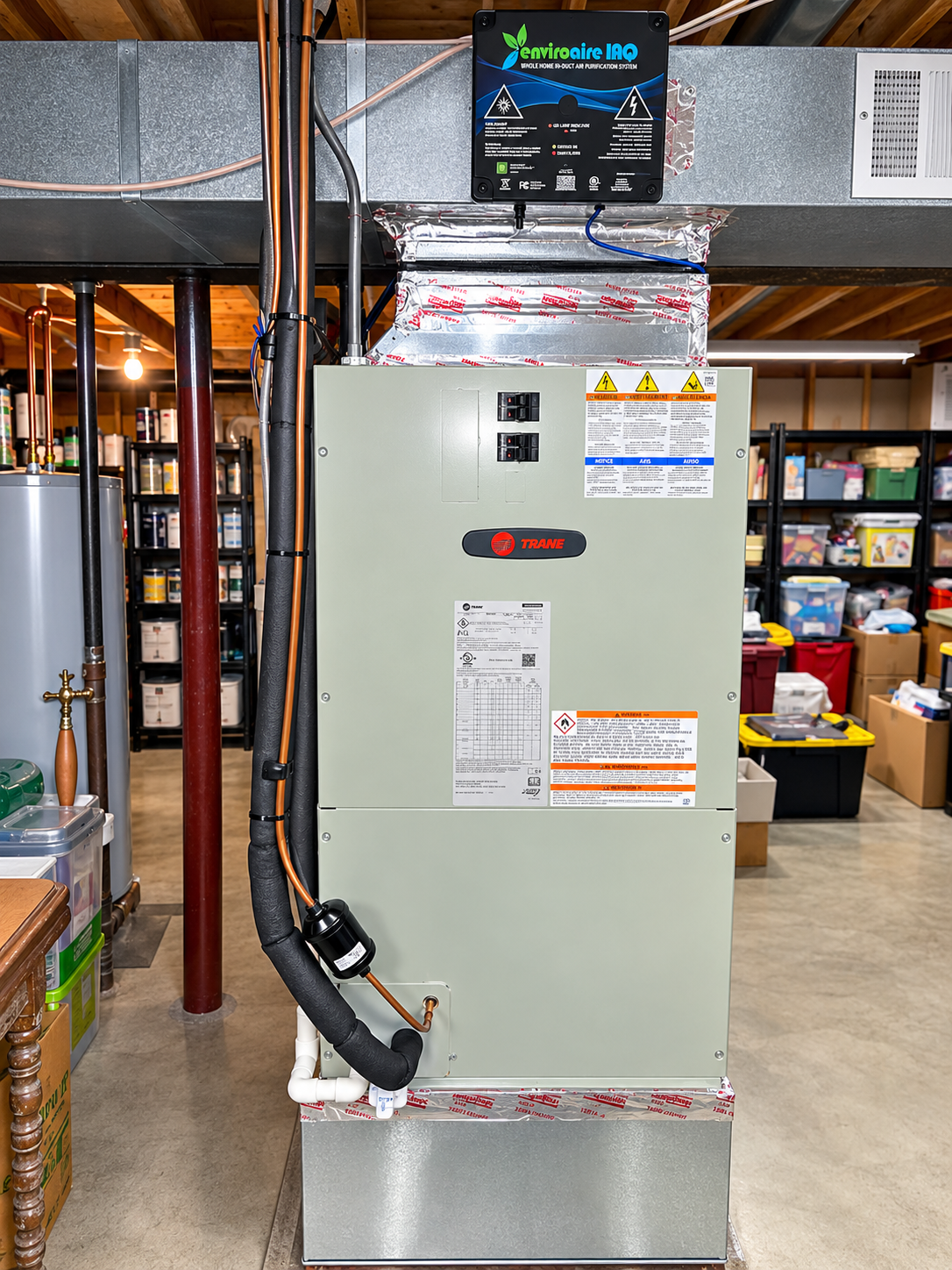 Industrial HVAC furnace unit in a basement or utility room, with exposed ducts and boxes above it.