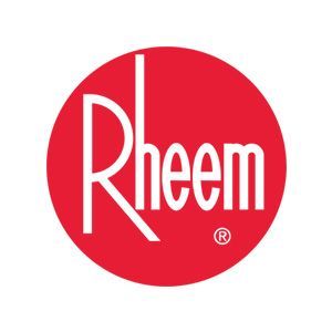 Rheem logo: white wordmark in a red circle