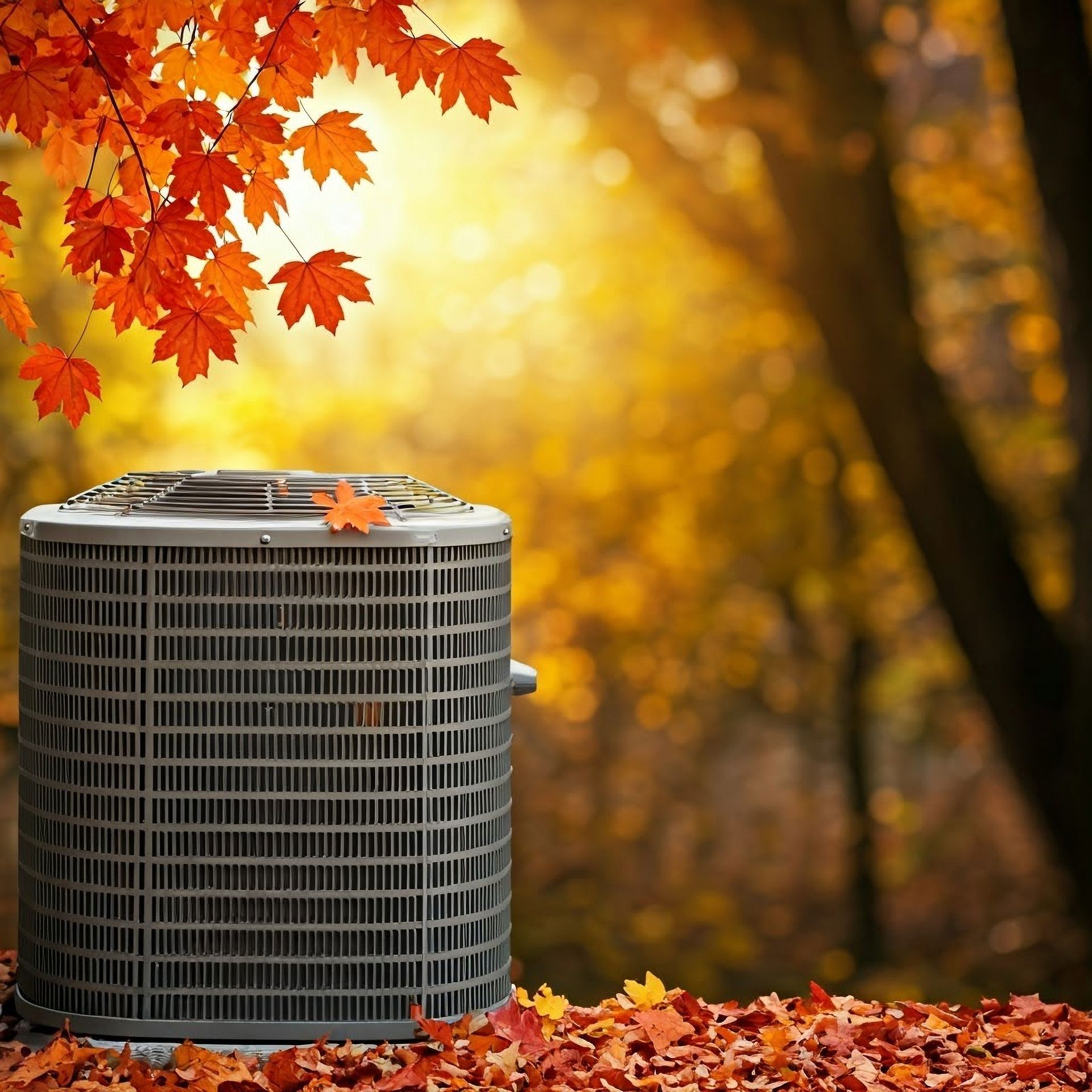 Outdoor air conditioner unit under autumn trees with orange leaves and warm sunlight