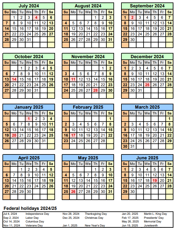 A calendar shows the federal holidays for each month 2024 2025