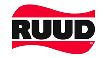 Ruud logo with black letters inside a red wavy shape.