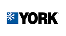 York logo with a snowflake design in a blue square. Black text