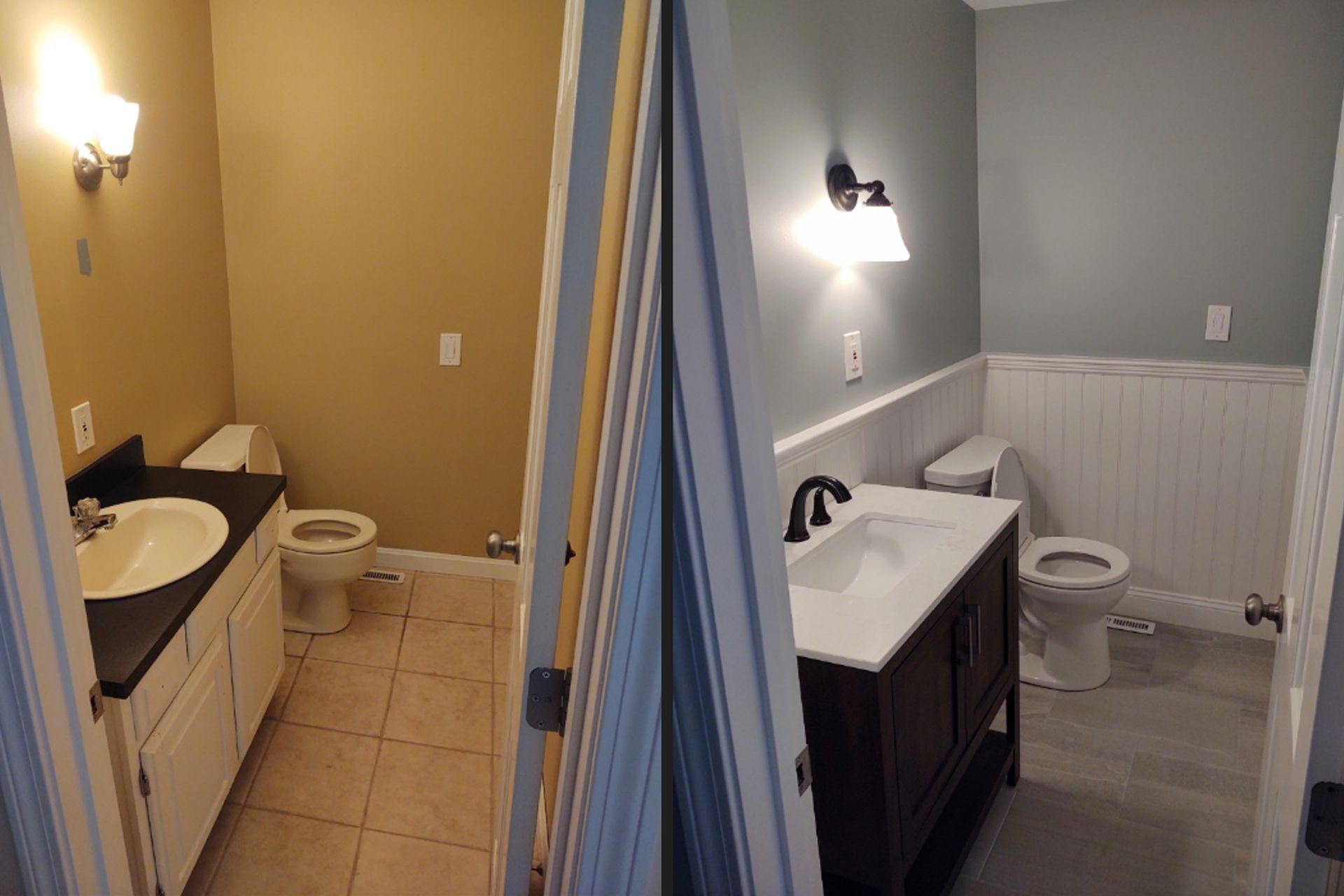 Bathroom renovation comparison: before with beige walls and after with blue walls, white wainscoting, and new vanity.