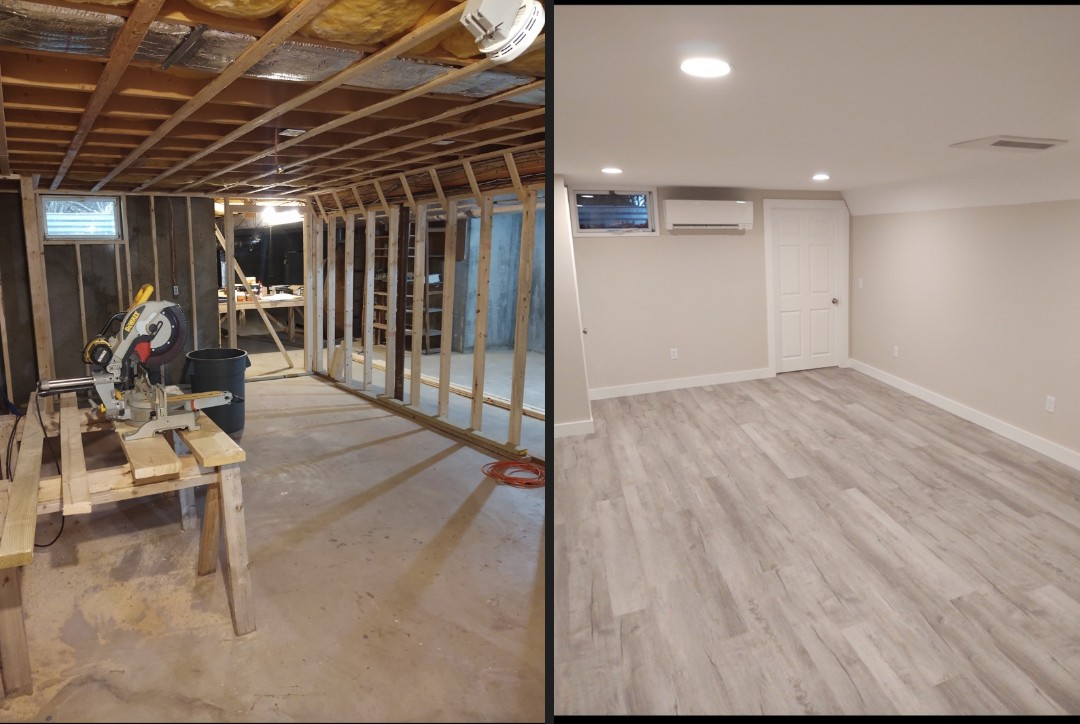 Before-and-after shot of a basement renovation; unfinished construction on the left, completed room with wood flooring and white walls on the right.