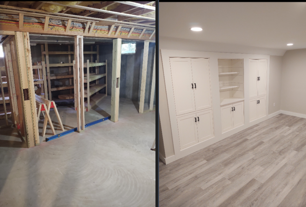 Basement before and after renovation showing unfinished shelves, then finished white cabinets and wood flooring.