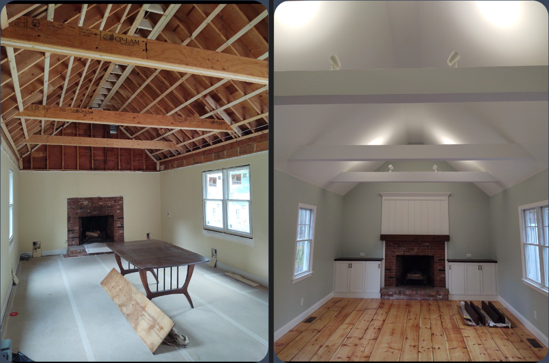 Room renovation before and after. Unfinished room with exposed beams versus finished room with hardwood floor, lights.