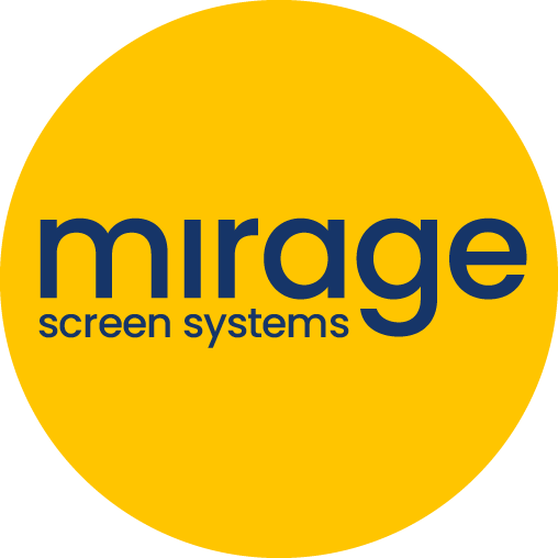Mirage screen systems logo in dark blue on a yellow circle background