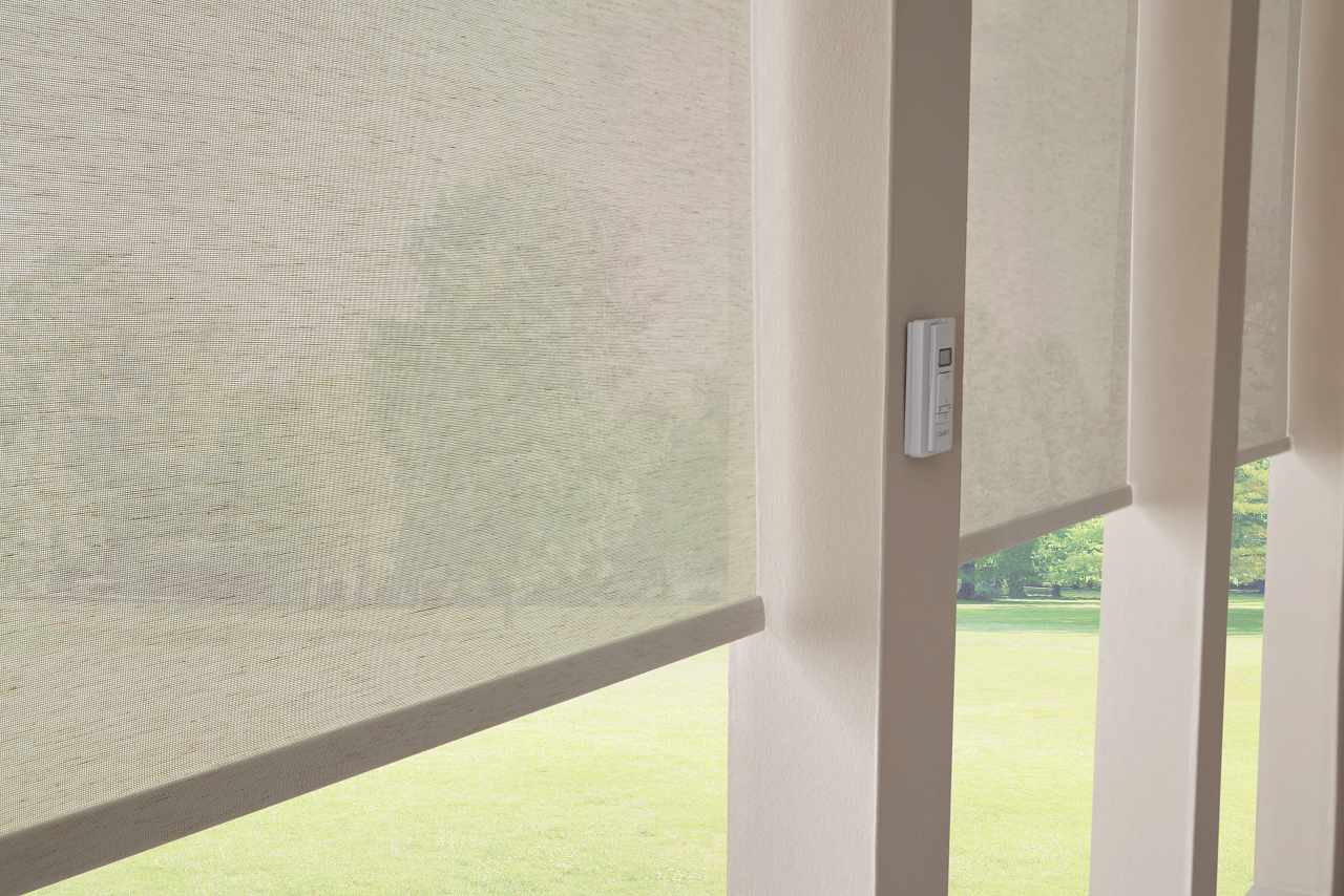 Window blinds partly lowered over a bright green yard, with a beige wall and window frame visible