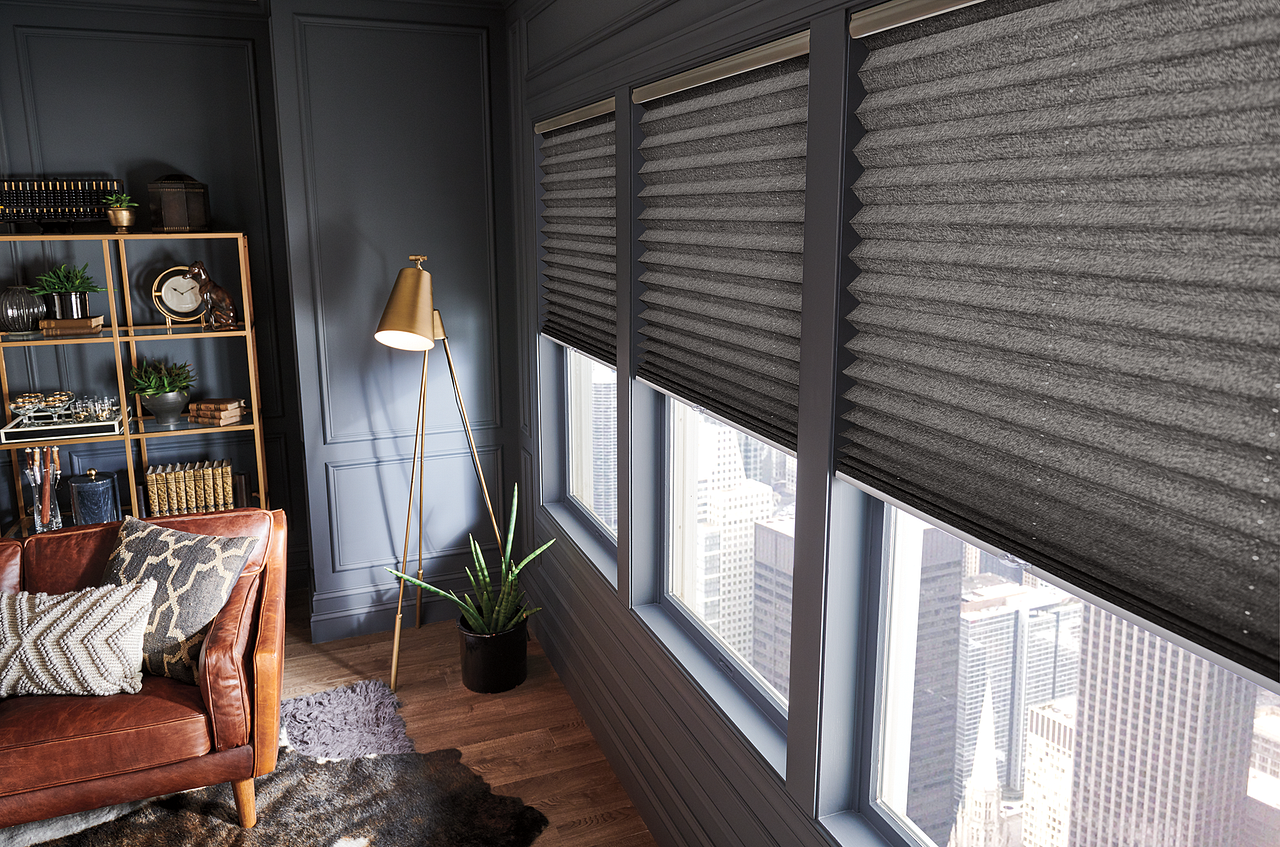 Cozy living room with a patterned sofa, floor lamp, plant, and large windows with dark blinds.