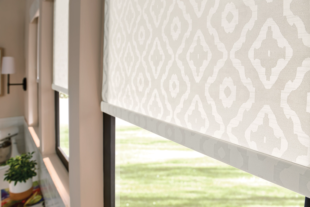 Window with white patterned roller shades in a room, with a small plant on the windowsill.