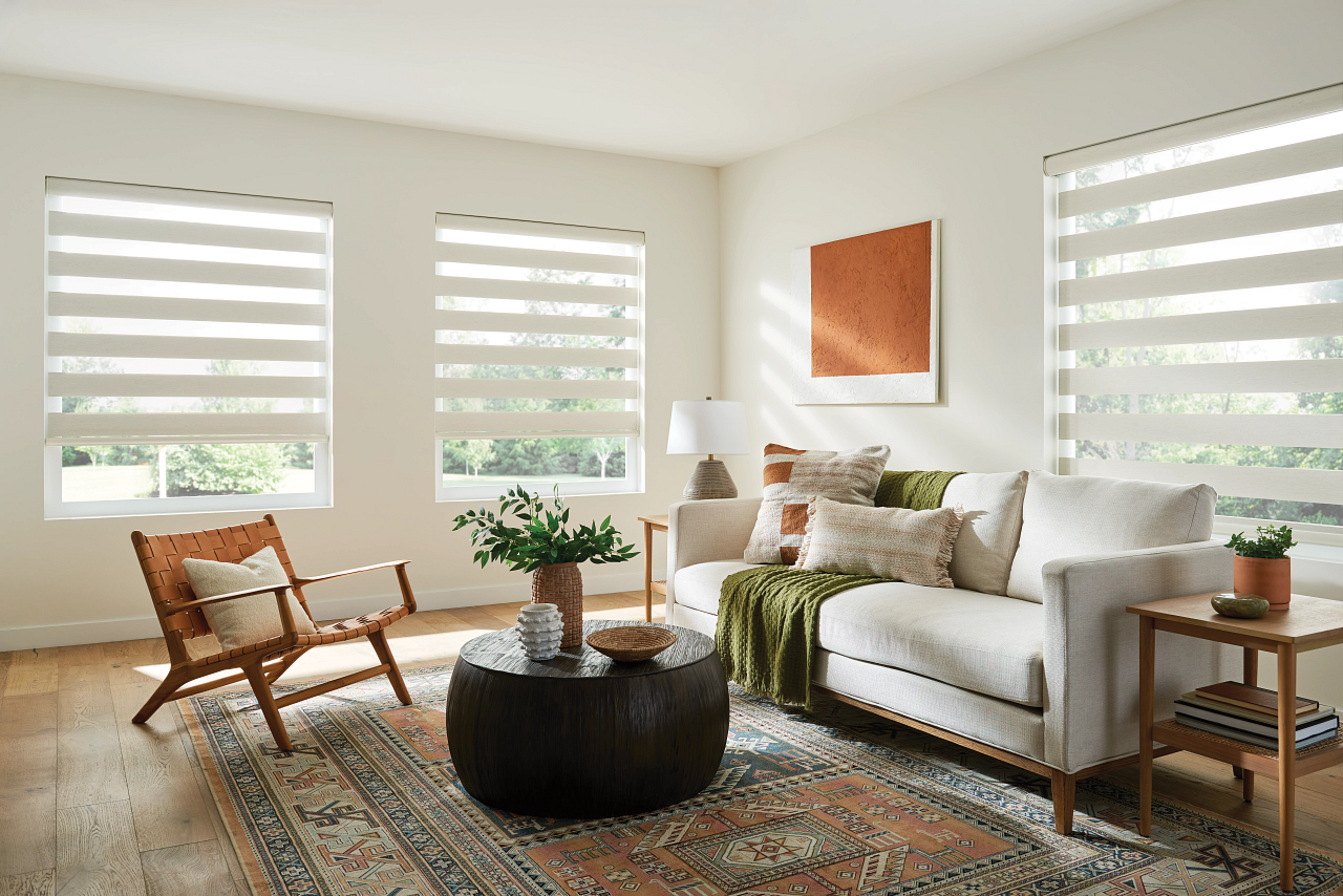 Bright living room with white sofa, wooden chair, round coffee table, plants, and striped window shades.