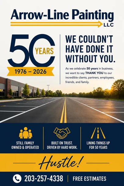 Arrow-Line Painting ad with highway at sunset, 50th anniversary, and We couldn’t have done it without you message
