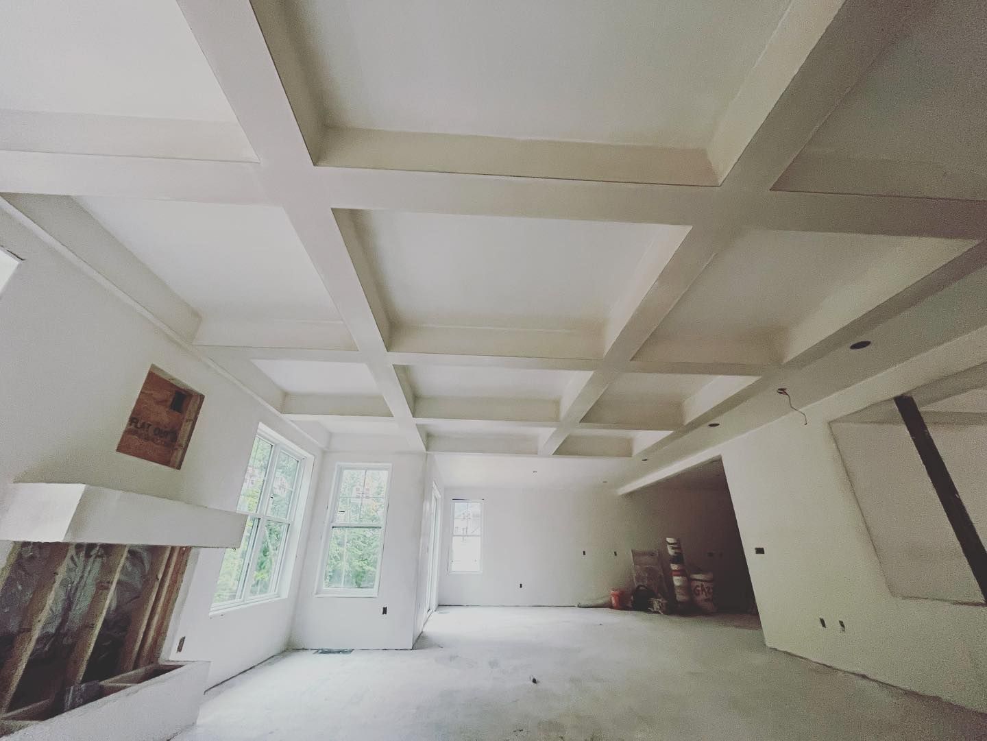 Empty room with white coffered ceiling, unfinished fireplace, and windows.