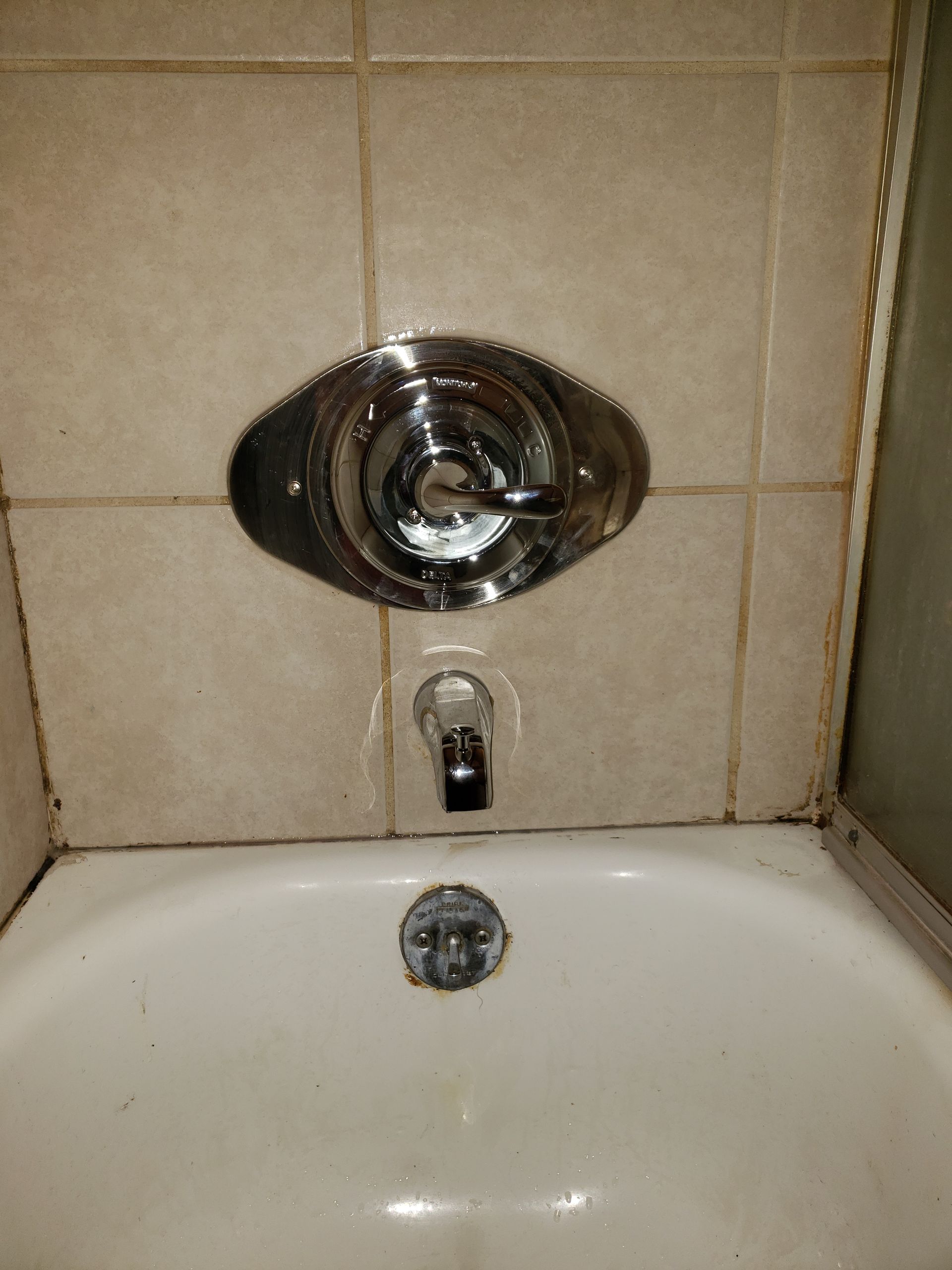 Chrome shower faucet and tub fixtures on tan tile wall.