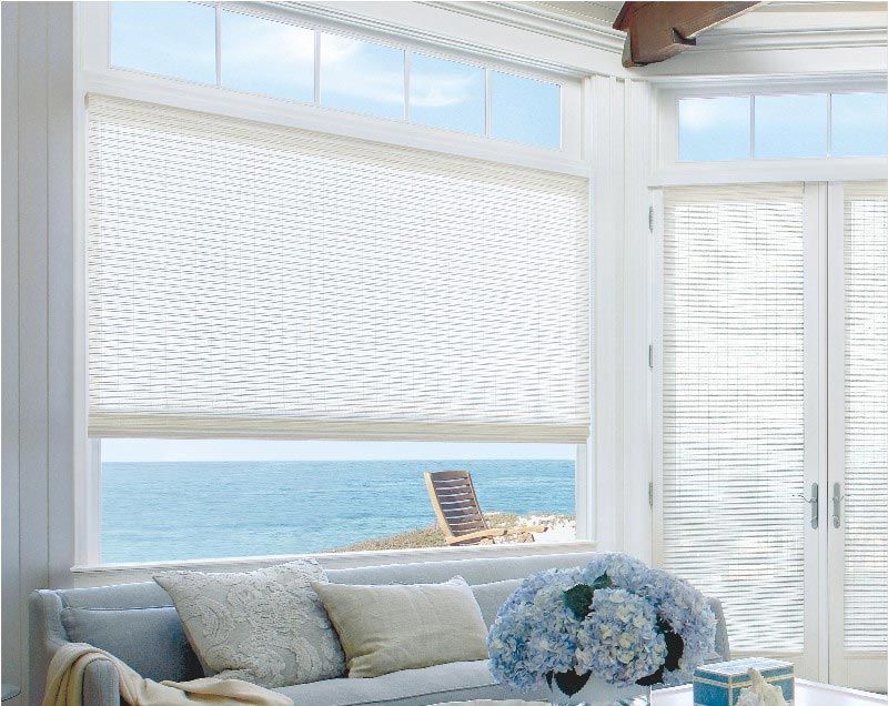 A living room with a couch and a view of the ocean.
